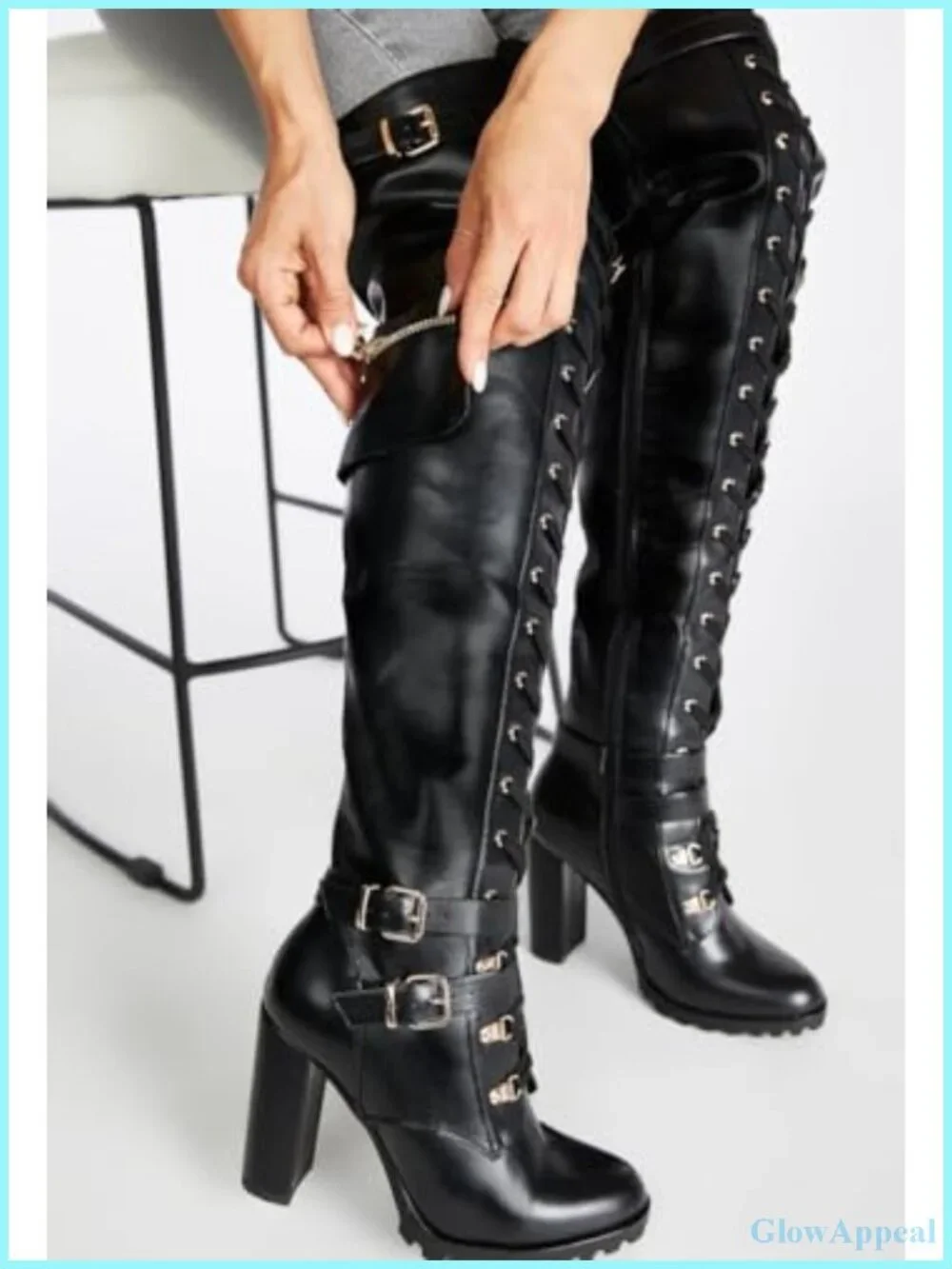Thigh High Boots for Women Chunky Block Heel Lace Up Combat Riding Boots Wide